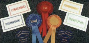 Stock rosettes, badges and prize cards